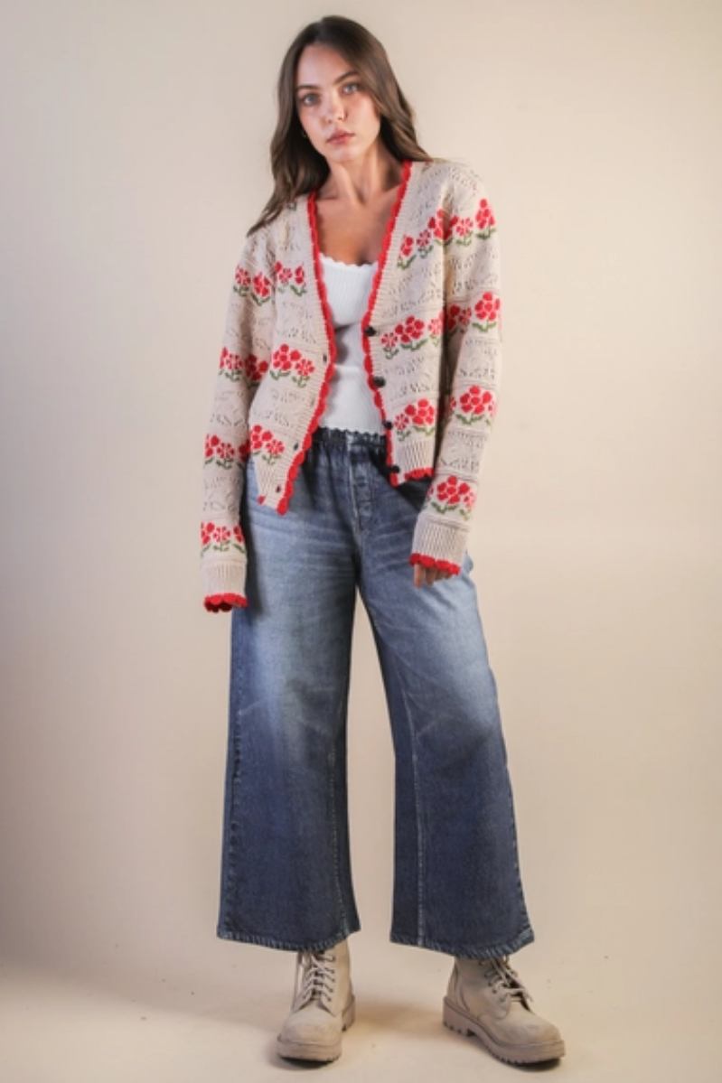 Floral Graphic Detail Knit Sweater Cardigan