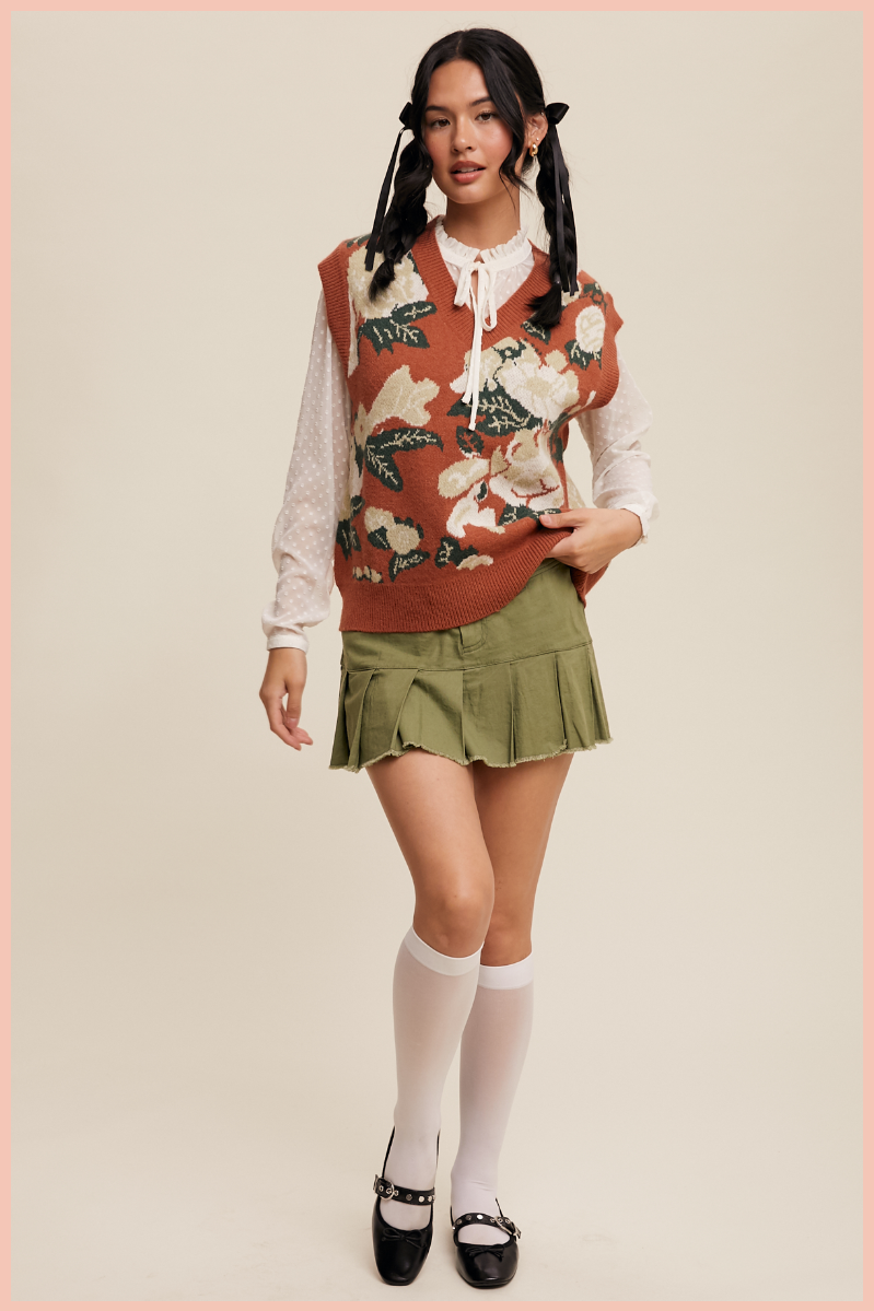 Floral Pattern V-Neck Knit Sweater Vest