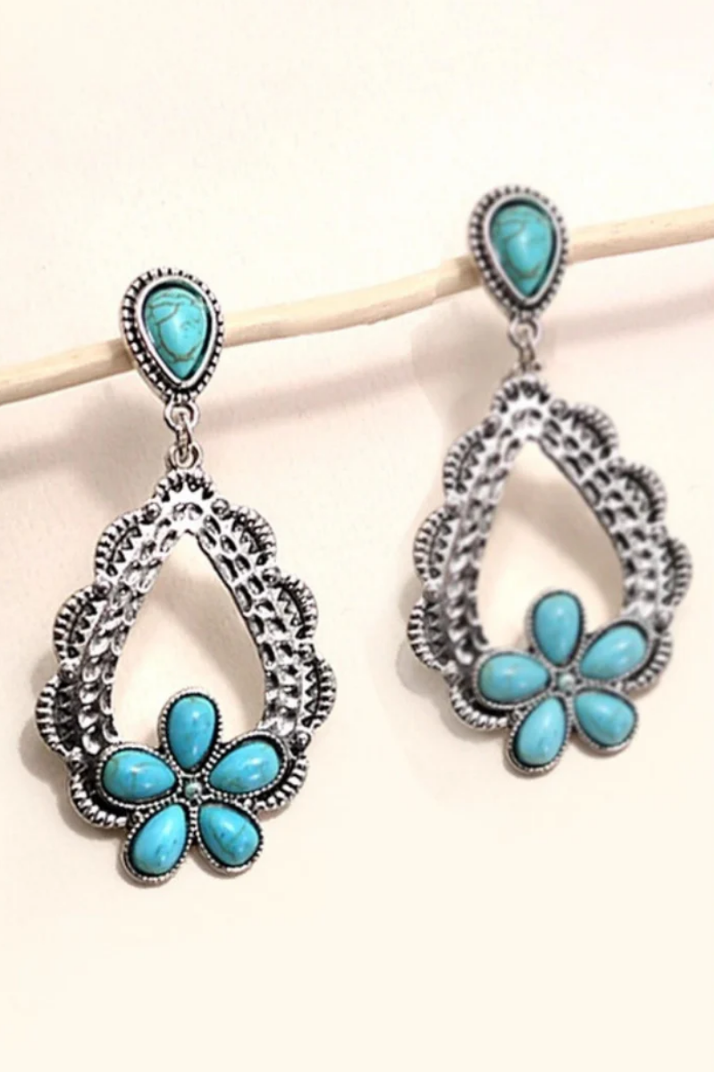 Western Turquoise Flower Earrings | Silver
