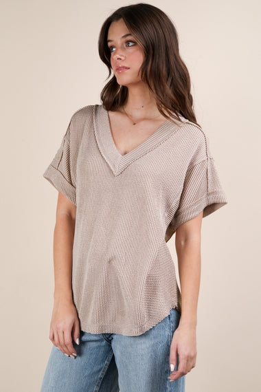 Soft Two Tone Casual Comfy Ribbed Knit Top | Oat