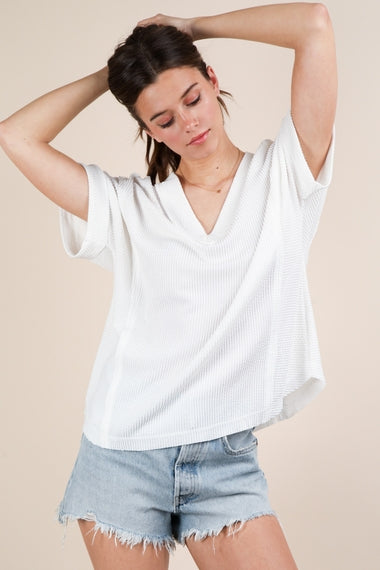 Soft Two Tone Casual Comfy Ribbed Knit Top | Off White
