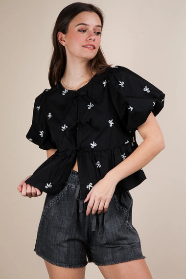 Front Tie Bow Embroidered Blouse Top | Black