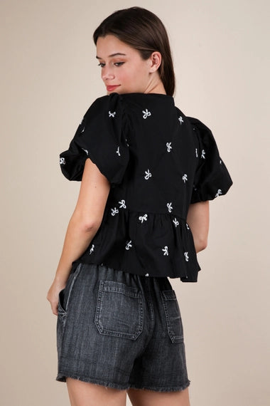 Front Tie Bow Embroidered Blouse Top | Black