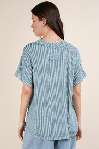 Soft Two Tone Casual Comfy Ribbed Knit Top | Blue