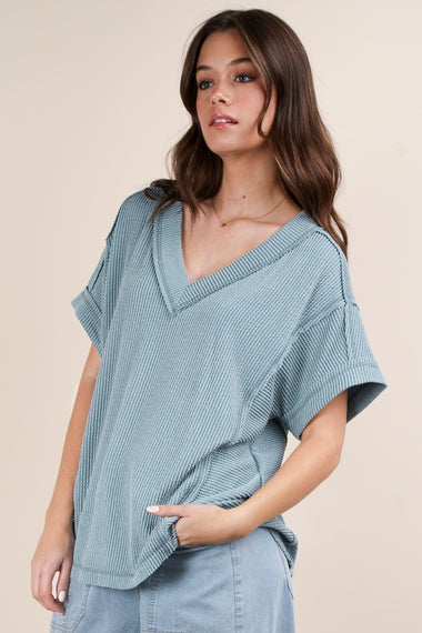 Soft Two Tone Casual Comfy Ribbed Knit Top | Blue