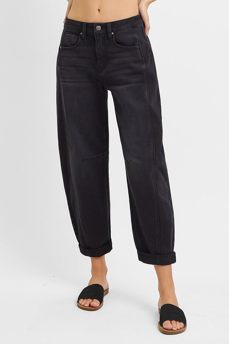 RISEN High Rise Crop Barrel Cuffed Jeans | Black