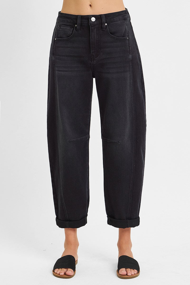 RISEN High Rise Crop Barrel Cuffed Jeans | Black