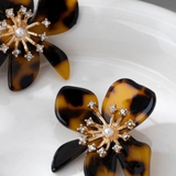Tortoise Flower Rhinestone Sunburst Statement Earrings