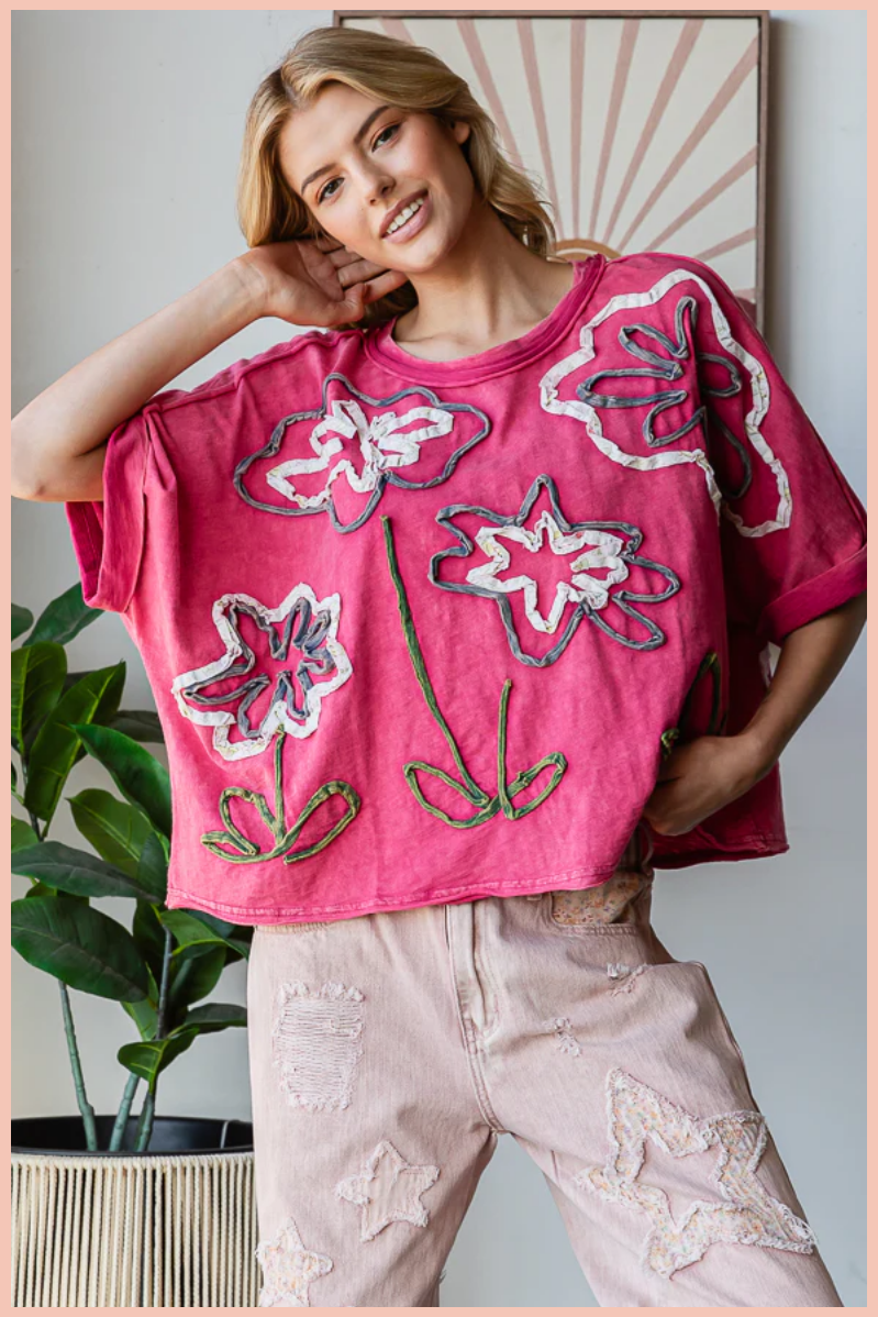 Washed Flower Applique Knit Top
