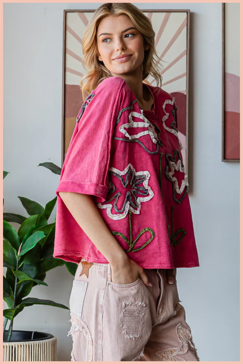 Washed Flower Applique Knit Top