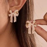 Rhinestone Bow Stud Earrings | Gold