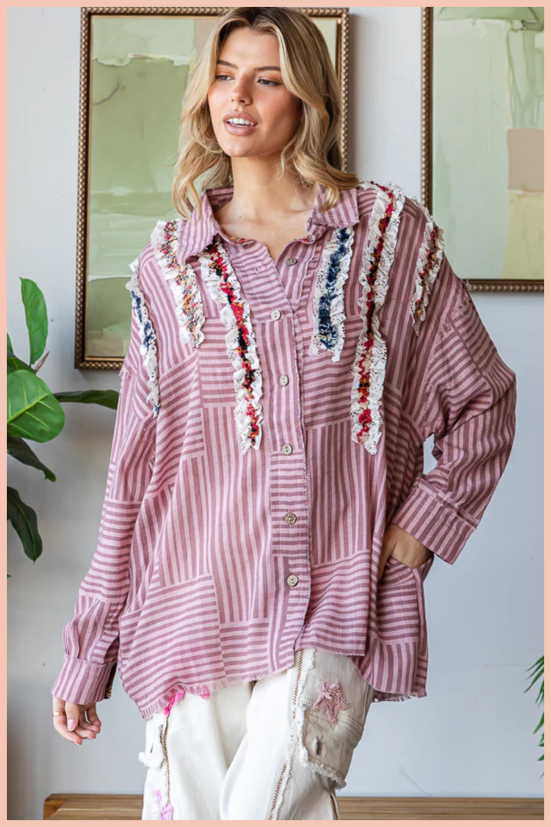 Ruffled Striped Button Down Top