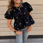 Front Tie Bow Embroidered Blouse Top