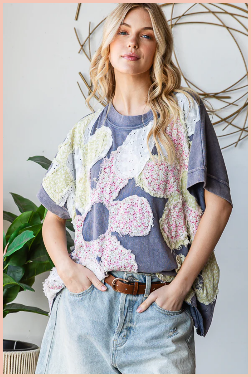 Washed Floral Patchwork Oversized Tee