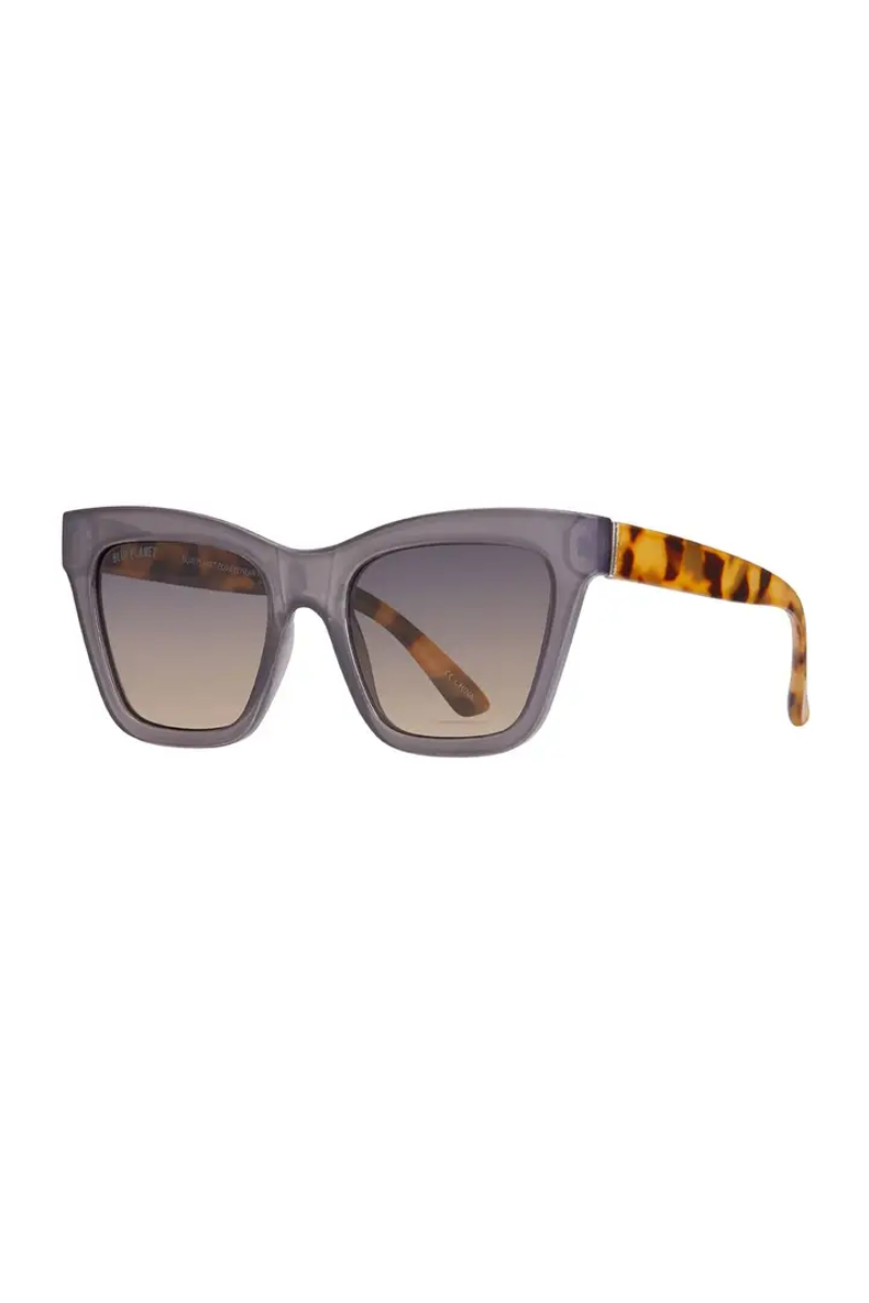 Sunglasses with gray frame and tortoiseshell accents on a white background