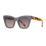 Sunglasses with gray frame and tortoiseshell accents on a white background