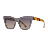 Sunglasses with gray frame and tortoiseshell accents on a white background