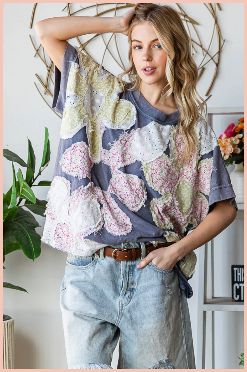 Washed Floral Patchwork Oversized Tee