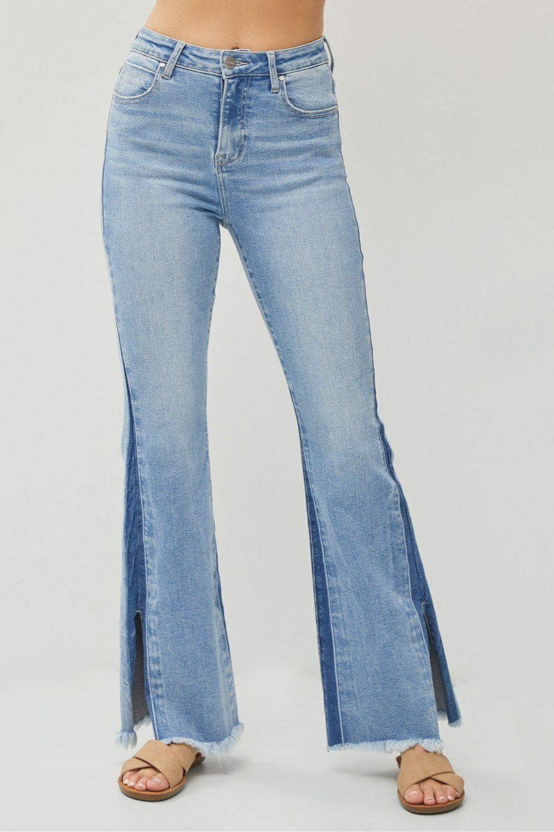 RISEN High Rise Flare Denim + Side Shadow Seam | Medium Wash – The
