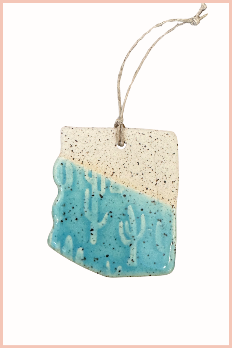 Handmade Arizona State Ornament | Everhart Ceramics | Blue Embossed Glazed Cactus Stamp