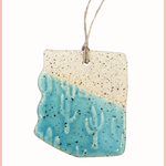 Handmade Arizona State Ornament | Everhart Ceramics | Blue Embossed Glazed Cactus Stamp