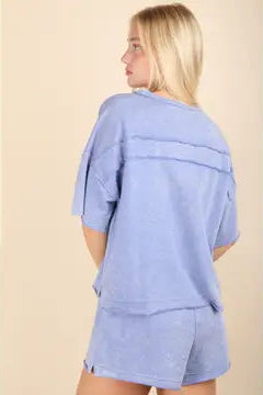 Mineral Washed Comfy Knit Top & Shorts Set | Blue