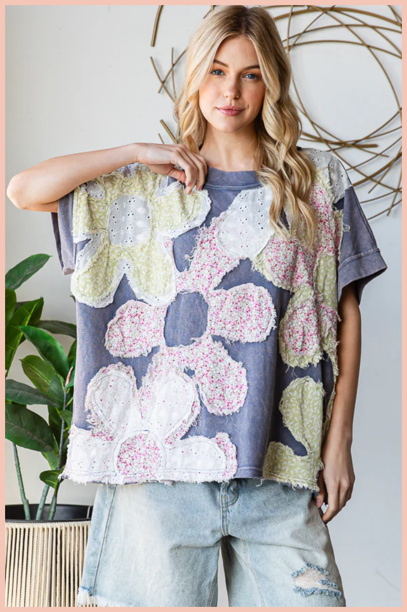 Washed Floral Patchwork Oversized Tee