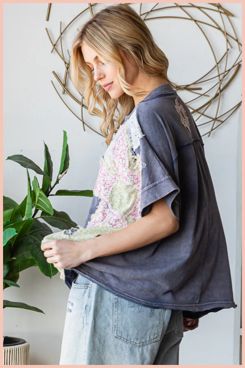 Washed Floral Patchwork Oversized Tee