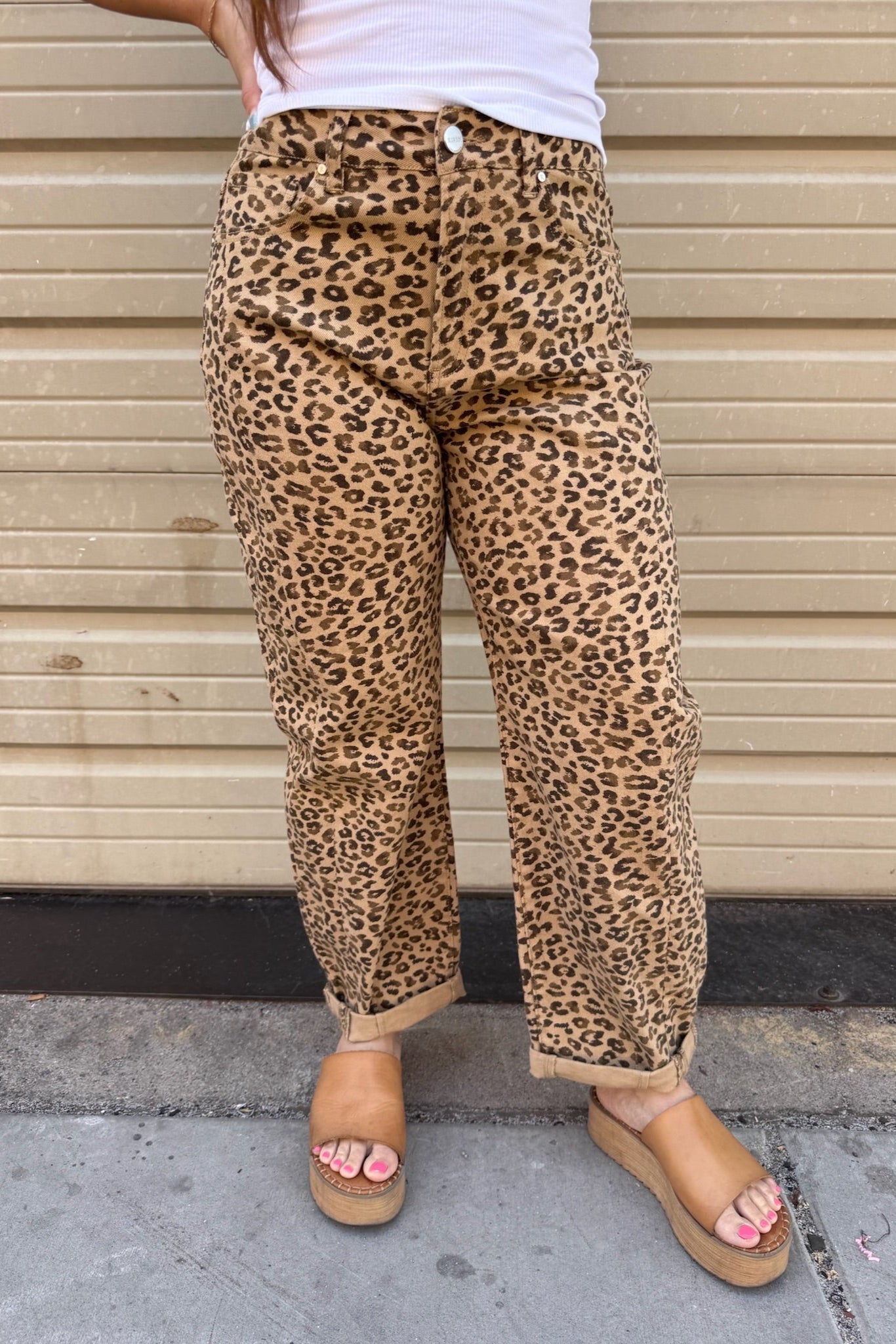 RISEN High Rise Crop Barrel Leopard Cuffed Pants