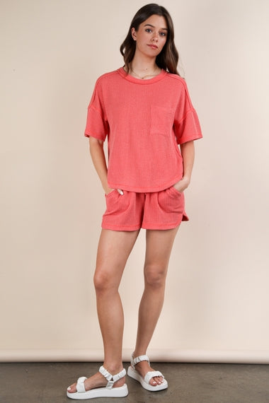 Two Tone Double Knit Top & Shorts Set | Coral