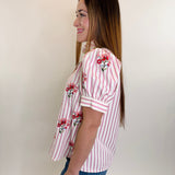Floral Embroidery Striped Puff Sleeve Top