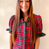 Plaid Puff Sleeve Top + Contrast Ruffle Trim