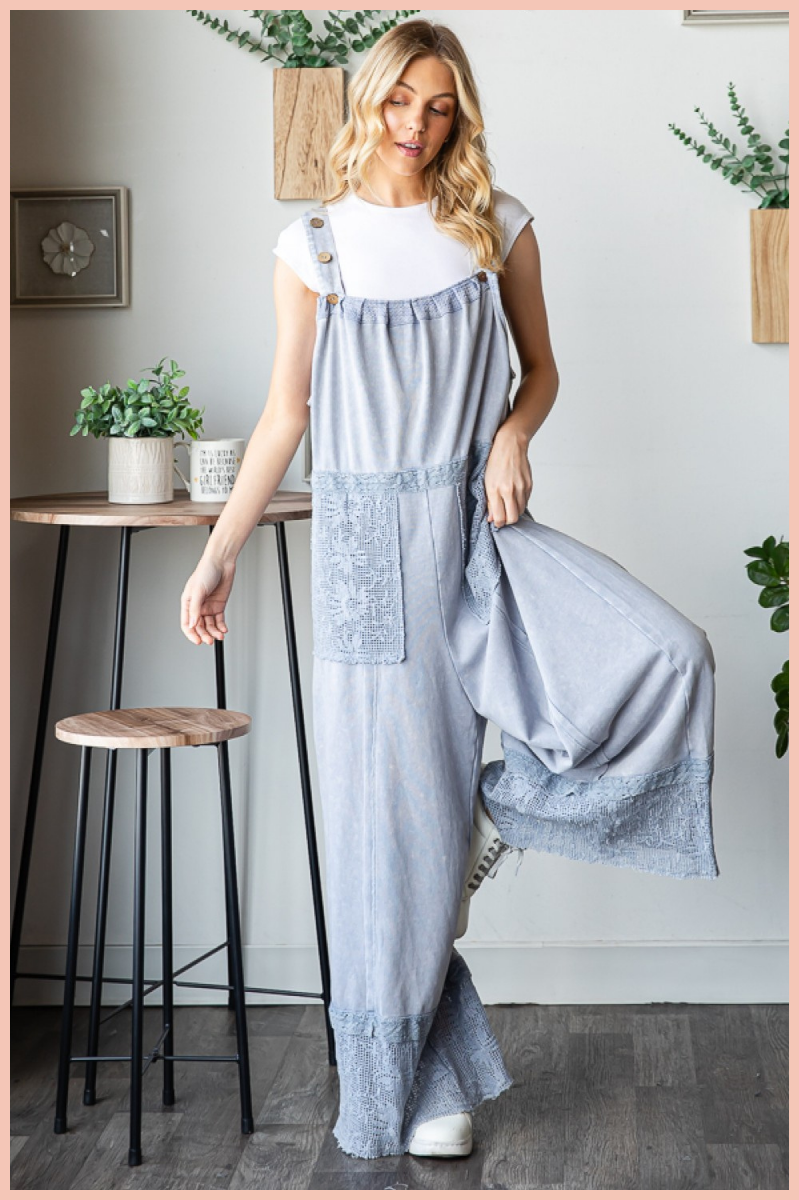 Washed Lace Hem Terry Overall