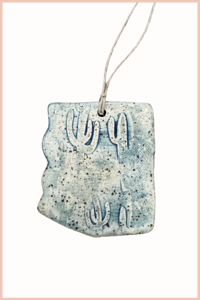 Handmade Arizona State Ornament | Everhart Ceramics | Desert Night Cactus Stamp | Cream Clay