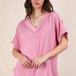 Soft Two Tone Casual Comfy Ribbed Knit Top | Pink