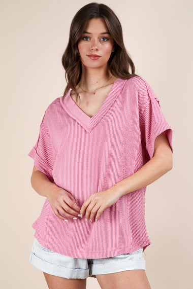 Soft Two Tone Casual Comfy Ribbed Knit Top | Pink