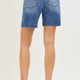 RISEN Tummy Control High Rise Mid Length Raw Cut Hem Shorts