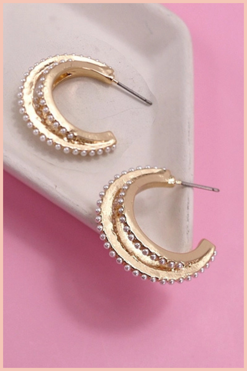 3 Row Pearl Hoop Earrings