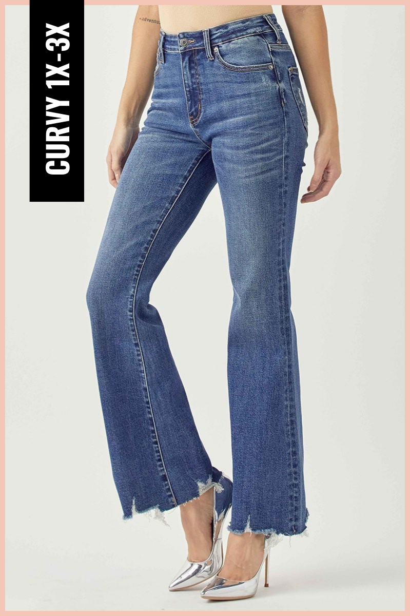 Risen Curvy Mid Rise Raw Hem Flare Jeans