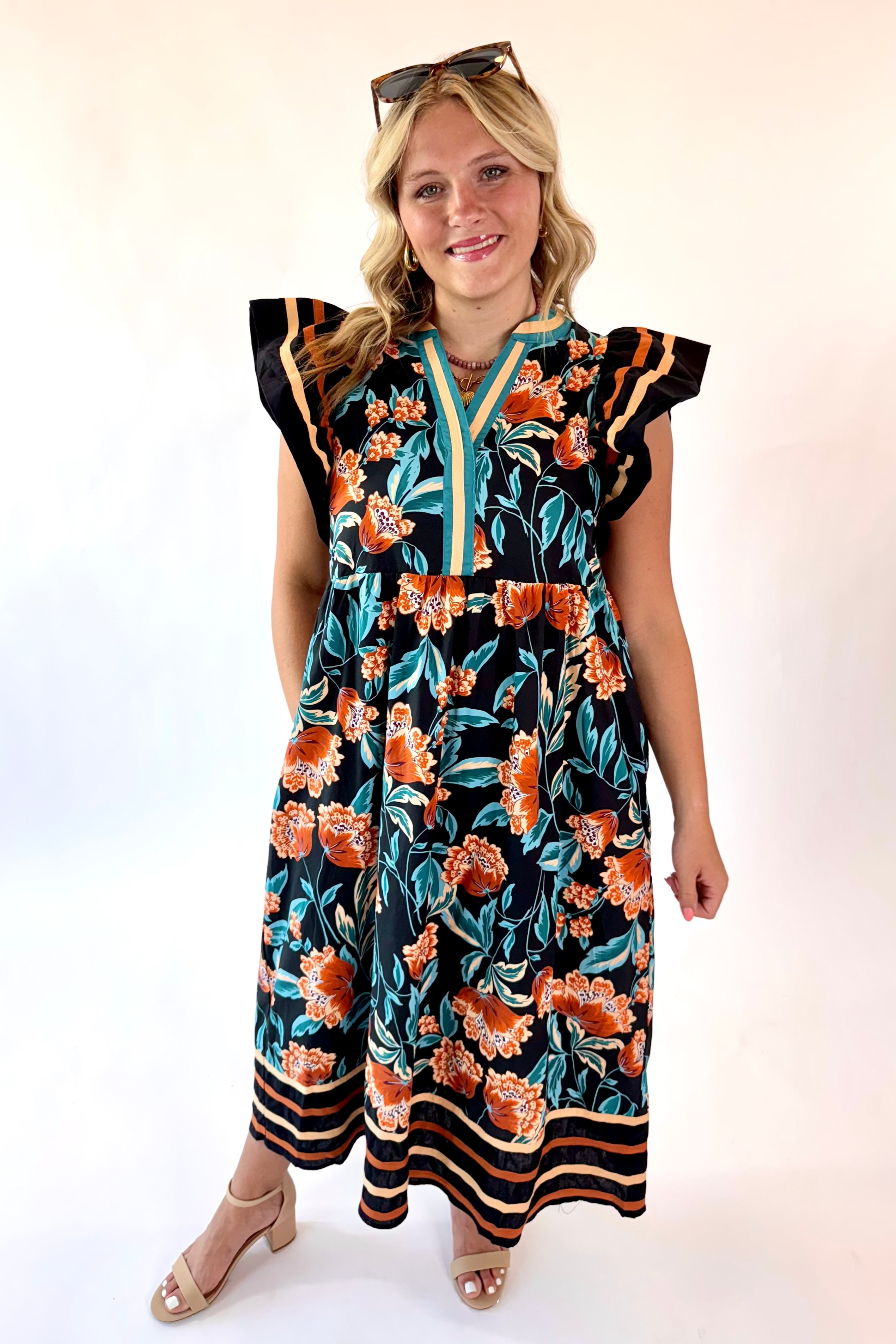 Floral Print Midi Dress + Flutter Sleeves