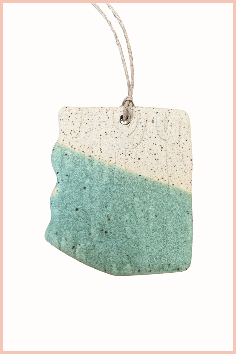 Handmade Arizona State Ornament | Everhart Ceramics | Matte Blue Cactus Stamp Glaze | Cream Clay