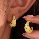 Butter Yellow & Blue Polka Dot Chunky Hoop Earrings