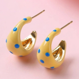 Butter Yellow & Blue Polka Dot Chunky Hoop Earrings