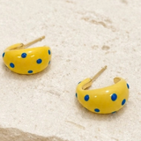 Butter Yellow & Blue Polka Dot Chunky Hoop Earrings