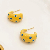 Butter Yellow & Blue Polka Dot Chunky Hoop Earrings