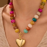 Multi Beaded Heart Charm Toggle Necklace | Gold