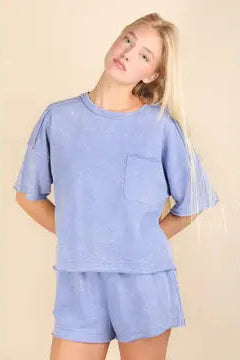 Mineral Washed Comfy Knit Top & Shorts Set | Blue