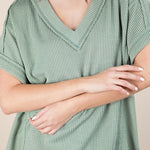 Soft Two Tone Casual Comfy Ribbed Knit Top | Sage