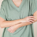 Soft Two Tone Casual Comfy Ribbed Knit Top | Sage