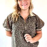 Leopard Puff Sleeve Half-Zip Top